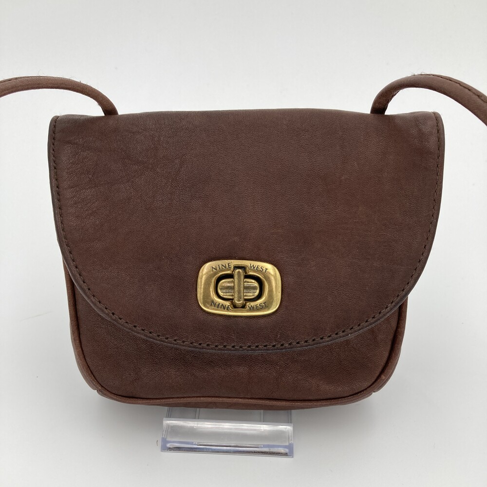 Nine West Vintage 1990s Brown Leather Turnlock Crossbody Saddle Bag
